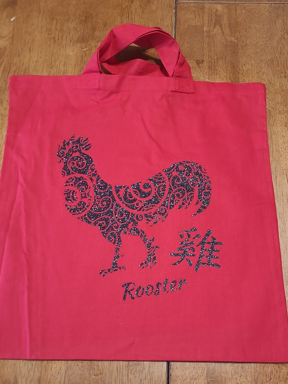 Red Canvas Tote Bag with Rooster Design